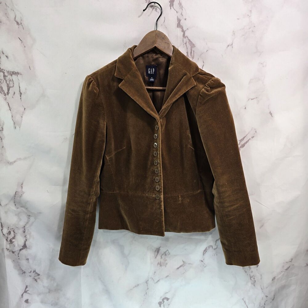 Gap Blazer Womens Small 4 Brown Velvet Vintage Jacket Pleated Stretch Cognac Y2K
